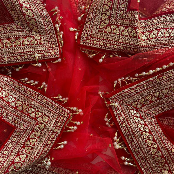 anokherang Dupattas Bridal Queen Red Festive Embroidered Pearl Net Dupatta
