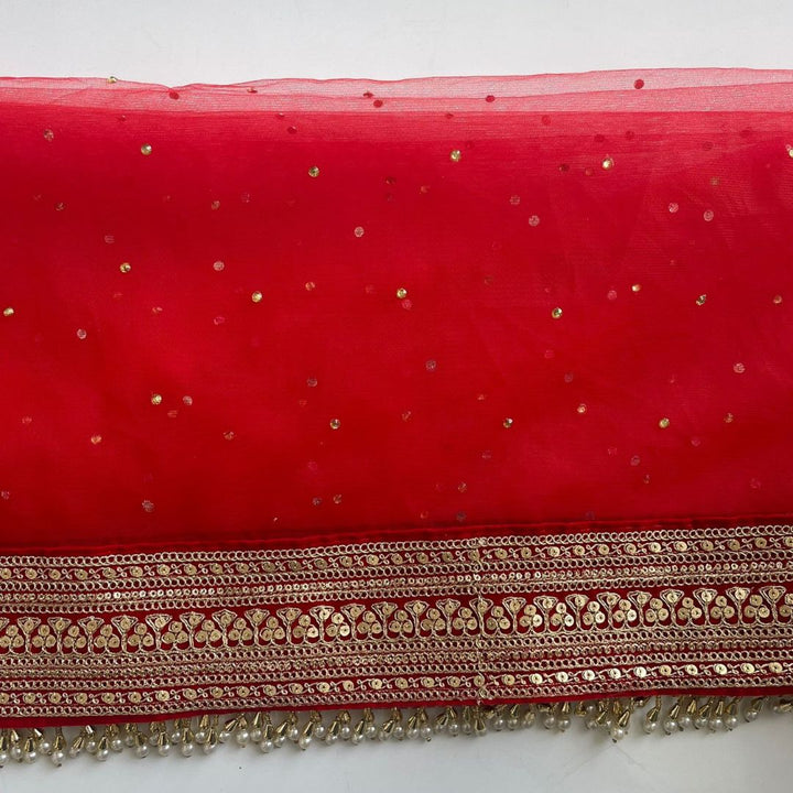 anokherang Dupattas Bridal Queen Red Festive Embroidered Pearl Net Dupatta
