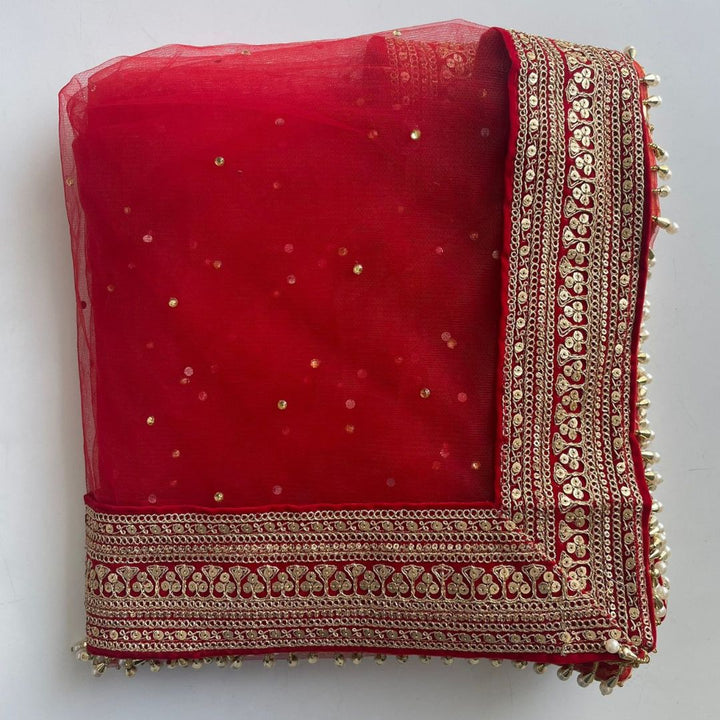 anokherang Dupattas Bridal Queen Red Festive Embroidered Pearl Net Dupatta