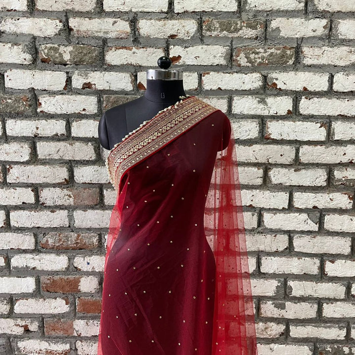 anokherang Dupattas Bridal Queen Red Festive Embroidered Pearl Net Dupatta