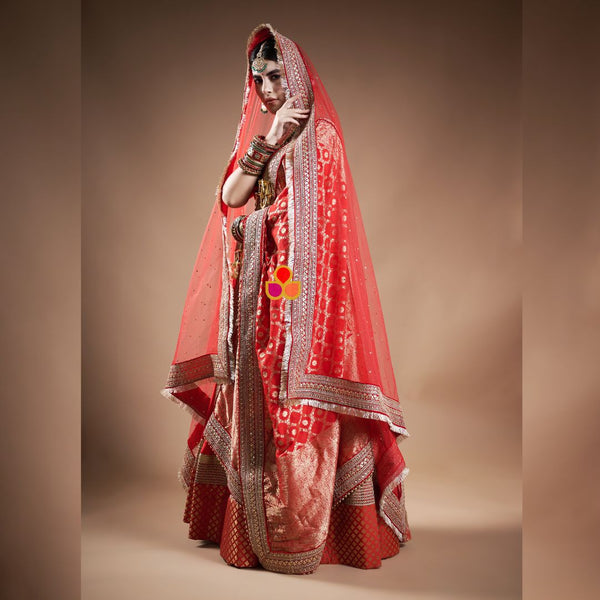 anokherang Dupattas Bridal Queen Red Fringed Net & Bridal Meera Red Banarsi Georgette Dupatta Combo