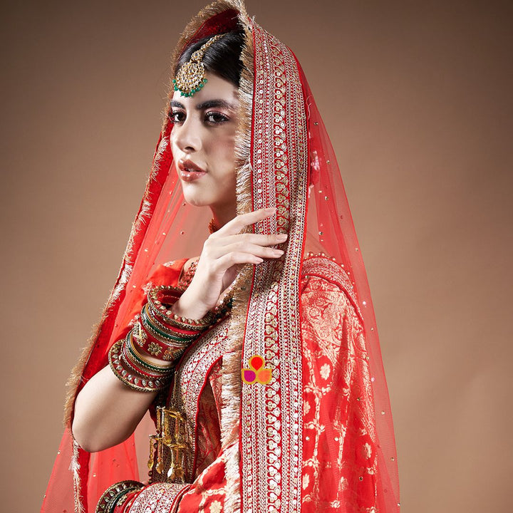 anokherang Dupattas Bridal Queen Red Fringed Net & Bridal Meera Red Banarsi Georgette Dupatta Combo