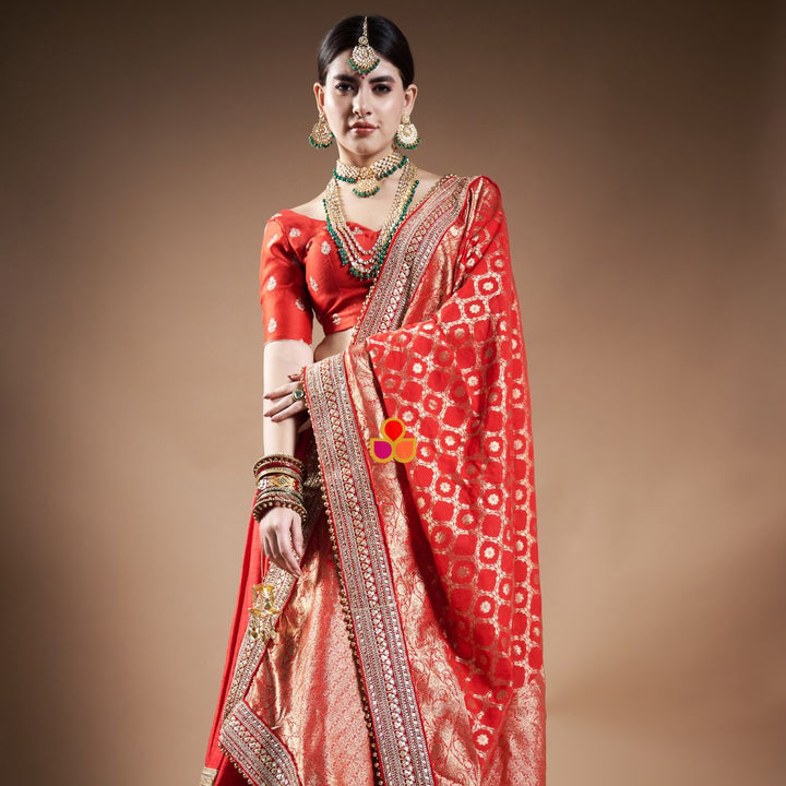 anokherang Dupattas Bridal Queen Red Fringed Net & Bridal Meera Red Banarsi Georgette Dupatta Combo