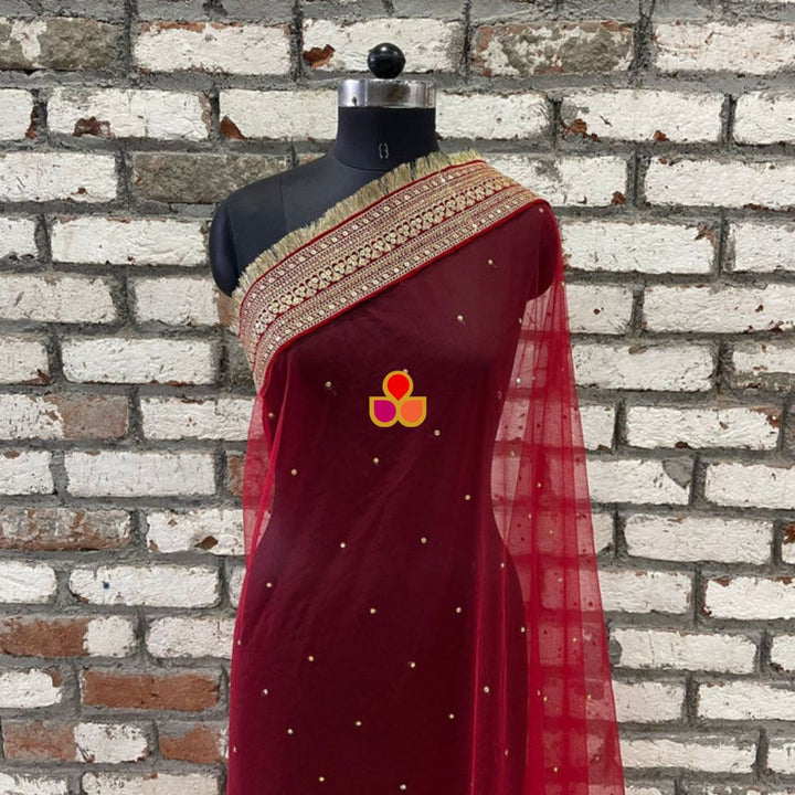 anokherang Dupattas Bridal Queen Red Fringed Net & Bridal Meera Red Banarsi Georgette Dupatta Combo