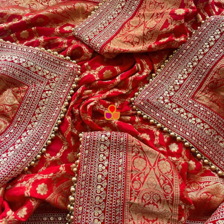 anokherang Dupattas Bridal Queen Red Fringed Net & Bridal Meera Red Banarsi Georgette Dupatta Combo