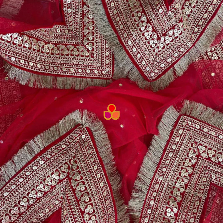 anokherang Dupattas Bridal Queen Red Fringed Net & Bridal Meera Red Banarsi Georgette Dupatta Combo