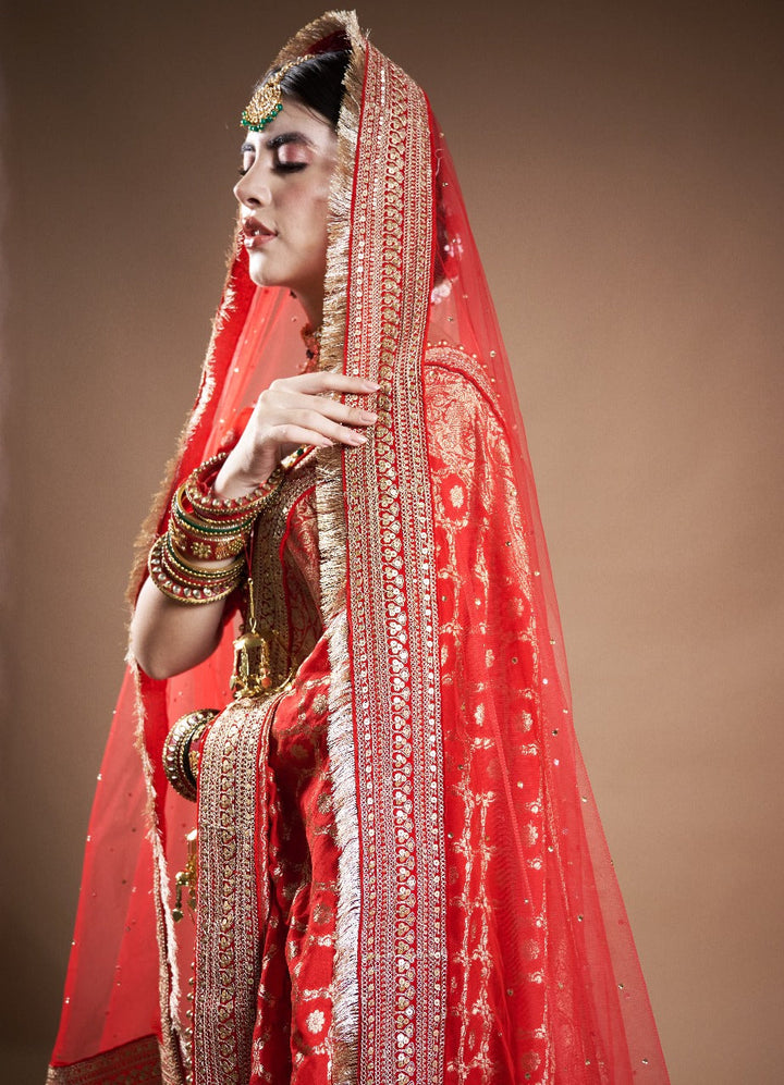 anokherang Dupattas Bridal Queen Red Stone Embroidered Fringed Net Dupatta