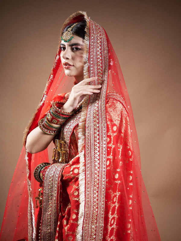 anokherang Dupattas Bridal Queen Red Stone Embroidered Fringed Net Dupatta