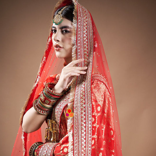 anokherang Dupattas Bridal Queen Red Stone Embroidered Fringed Net Dupatta
