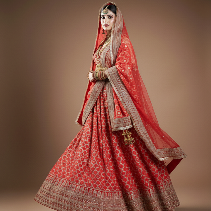 anokherang Dupattas Bridal Queen Red Stone Embroidered Fringed Net Dupatta