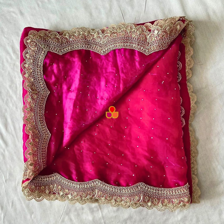 anokherang Dupattas Bridal Rani Pink Swarovski Tissue Silk Dupatta