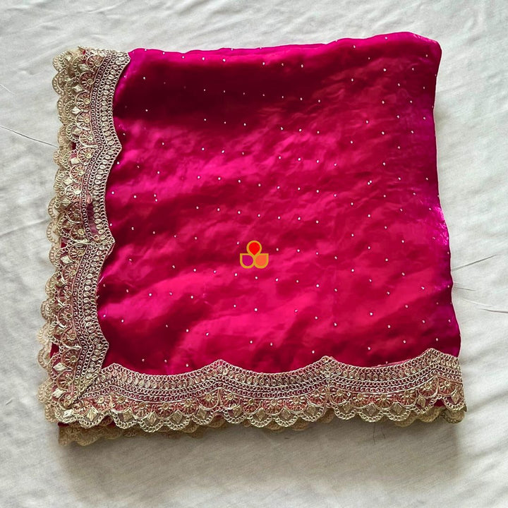 anokherang Dupattas Bridal Rani Pink Swarovski Tissue Silk Dupatta
