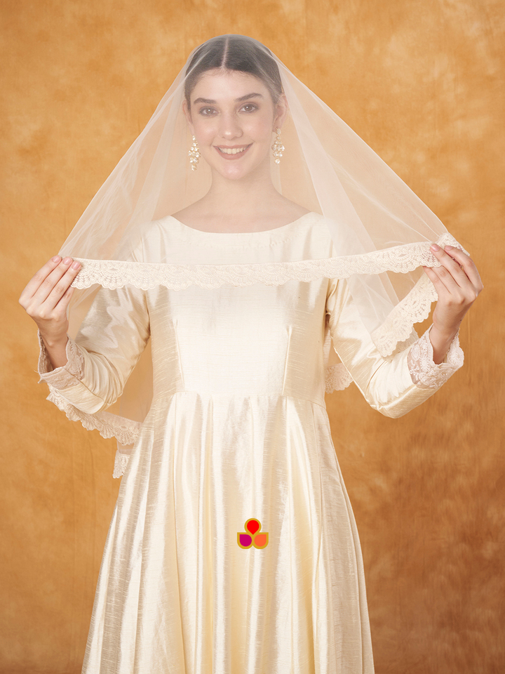 anokherang Dupattas Bridal Ranjhna Ivory Embroidered Scalloped Net Head Veil