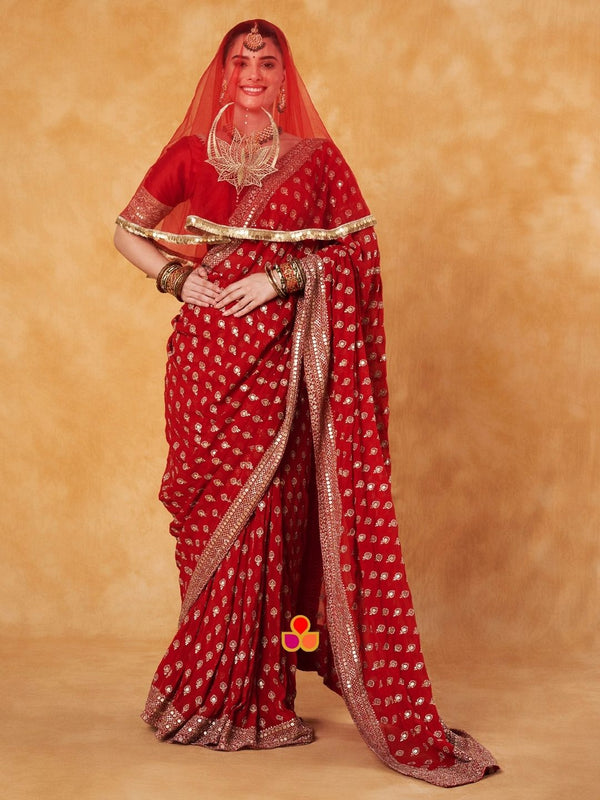 anokherang Dupattas Bridal Ranjhna Red Floral Embroidered Net Head Dupatta