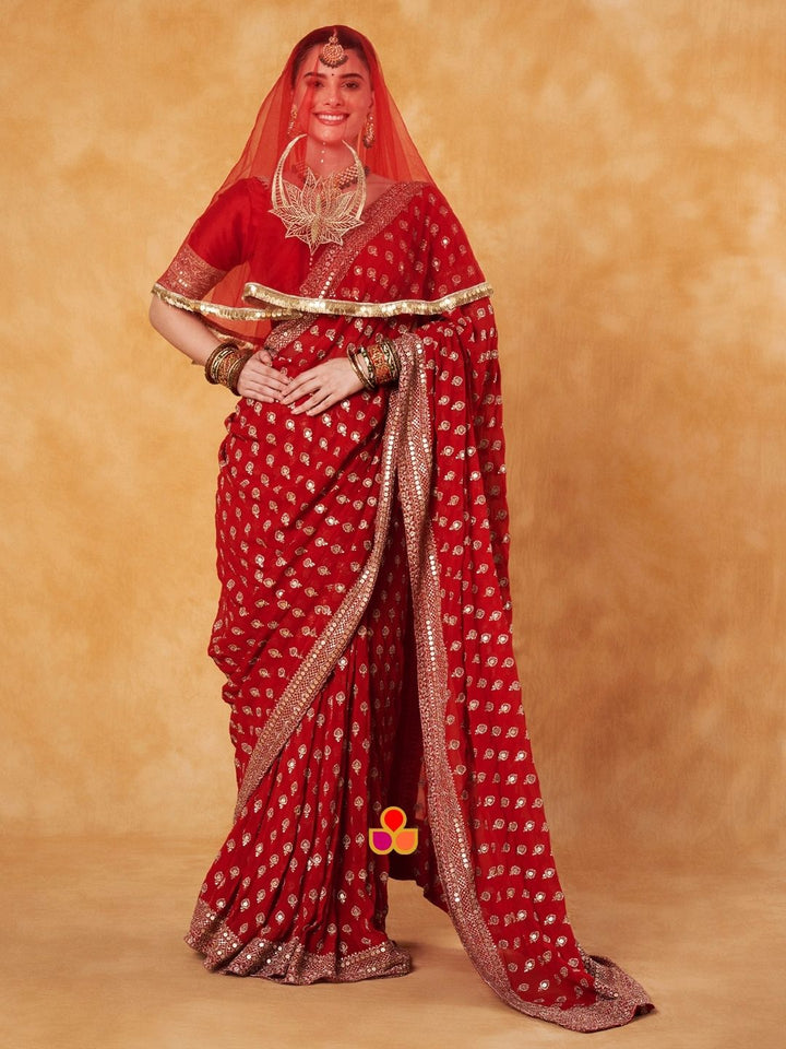 anokherang Dupattas Bridal Ranjhna Red Floral Embroidered Net Head Dupatta