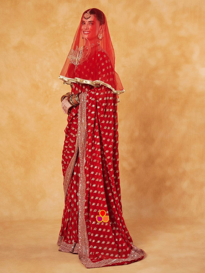 anokherang Dupattas Bridal Ranjhna Red Floral Embroidered Net Head Dupatta