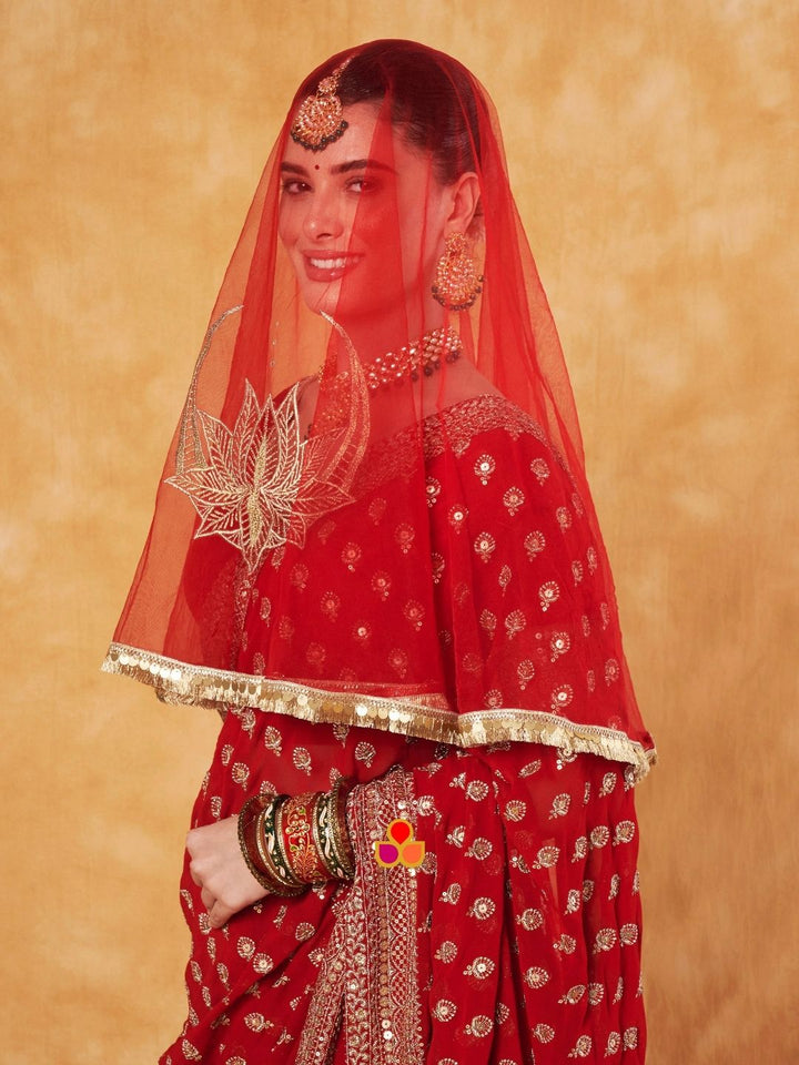 anokherang Dupattas Bridal Ranjhna Red Floral Embroidered Net Head Dupatta