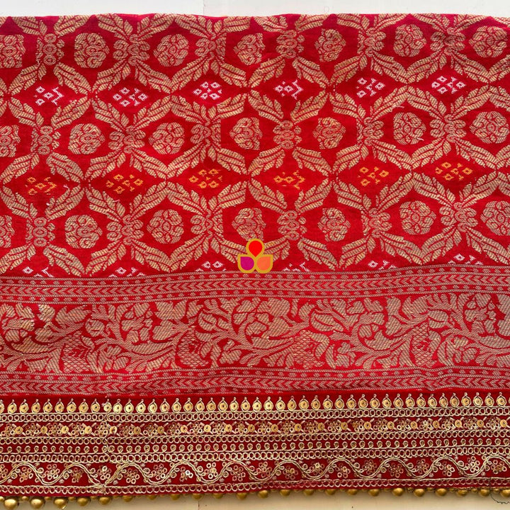 anokherang Dupattas Bridal Red Banarsi Bandhej Silk Dupatta