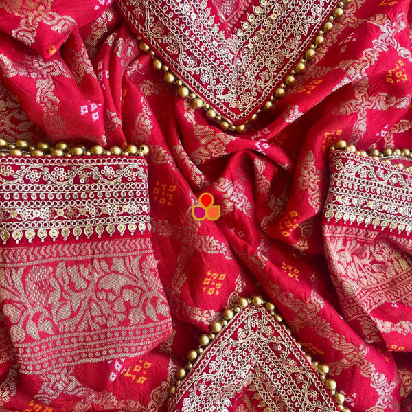 anokherang Dupattas Bridal Red Banarsi Bandhej Silk Dupatta