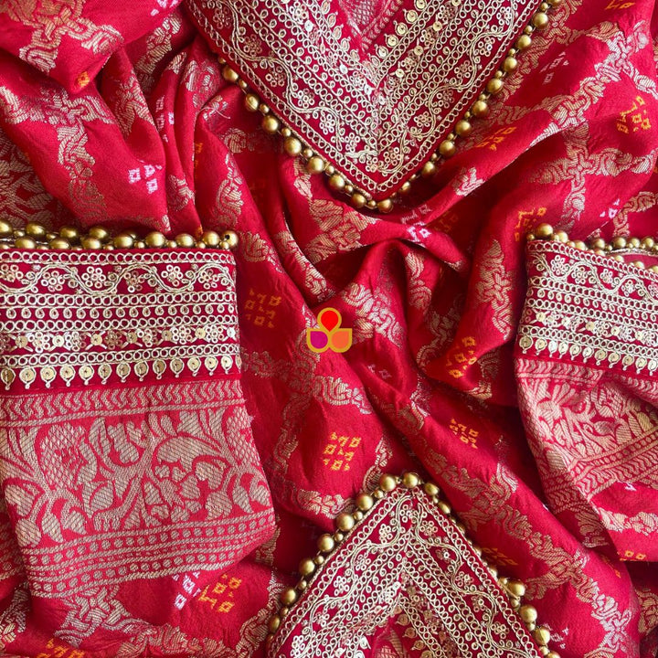 anokherang Dupattas Bridal Red Banarsi Bandhej Silk Dupatta