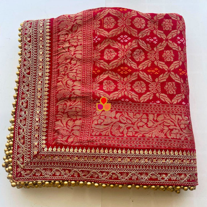 anokherang Dupattas Bridal Red Banarsi Bandhej Silk Dupatta