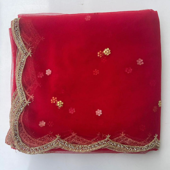 anokherang Dupattas Bridal Red Beauty Hand Embroidered Scalloped Net Dupatta