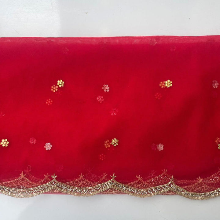 anokherang Dupattas Bridal Red Beauty Hand Embroidered Scalloped Net Dupatta