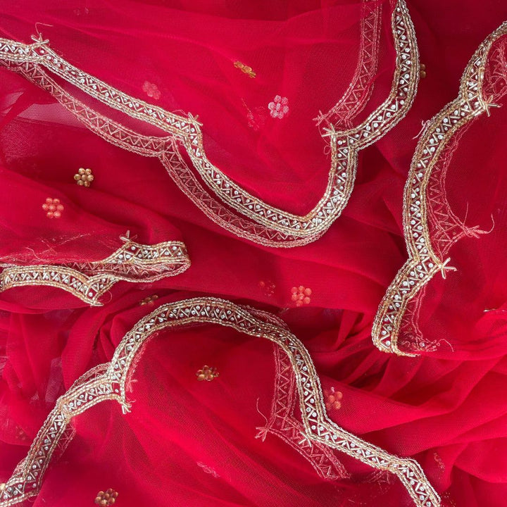 anokherang Dupattas Bridal Red Beauty Hand Embroidered Scalloped Net Dupatta