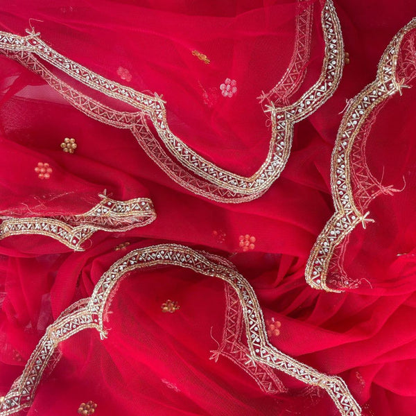 anokherang Dupattas Bridal Red Beauty Hand Embroidered Scalloped Net Dupatta