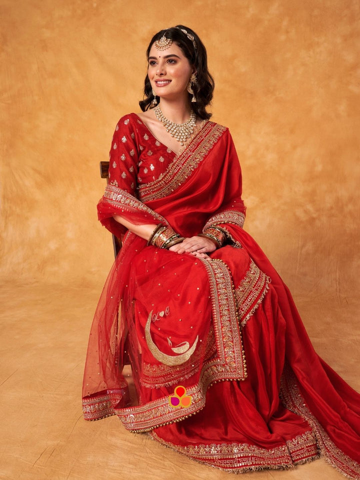 anokherang Dupattas Bridal Red Chaand Zari Embroidered Dupatta (Name, Hashtags, Date, Message to your loved one etc.) up to 12 characters