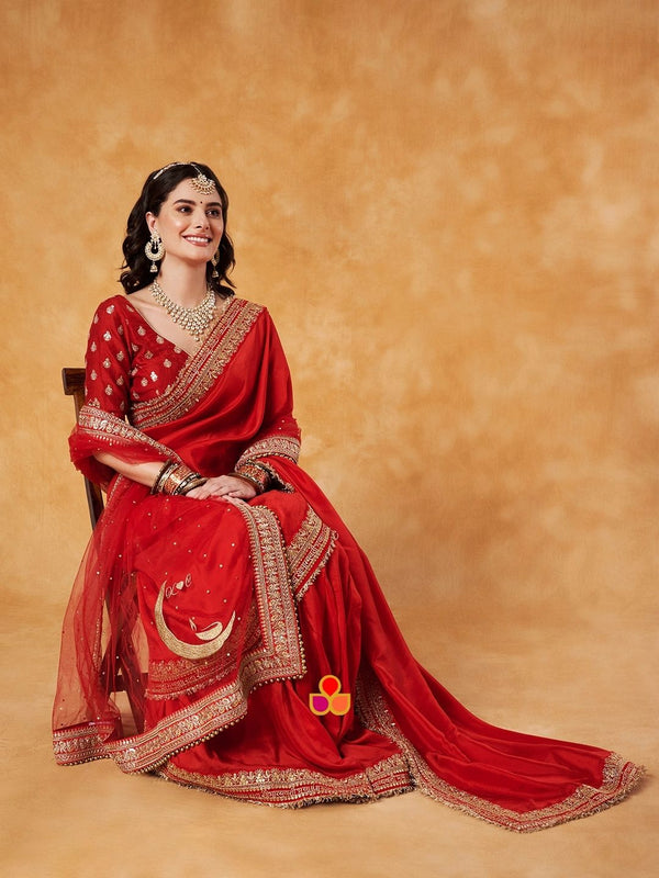anokherang Dupattas Bridal Red Chaand Zari Embroidered Dupatta (Name, Hashtags, Date, Message to your loved one etc.) up to 12 characters