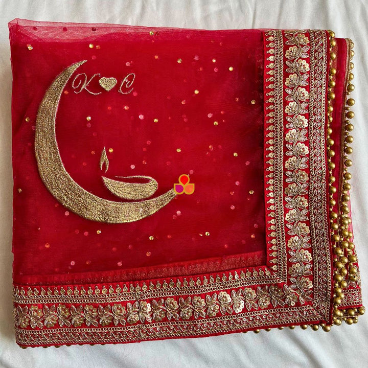 anokherang Dupattas Bridal Red Chaand Zari Embroidered Dupatta (Name, Hashtags, Date, Message to your loved one etc.) up to 12 characters