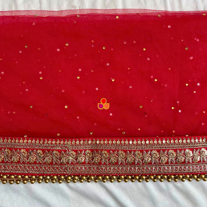 anokherang Dupattas Bridal Red Chaand Zari Embroidered Dupatta (Name, Hashtags, Date, Message to your loved one etc.) up to 12 characters