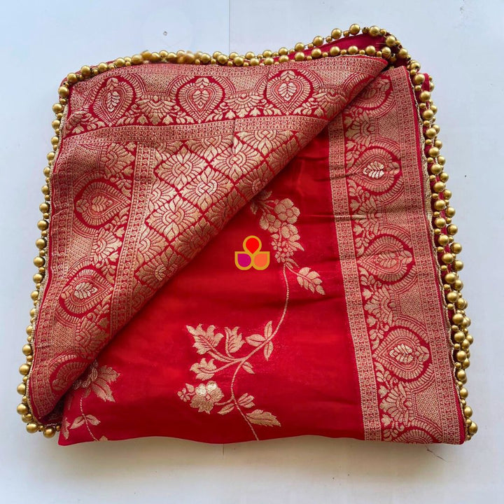 anokherang Dupattas Bridal Red Elegant Beaded Georgette Banarsi Dupatta
