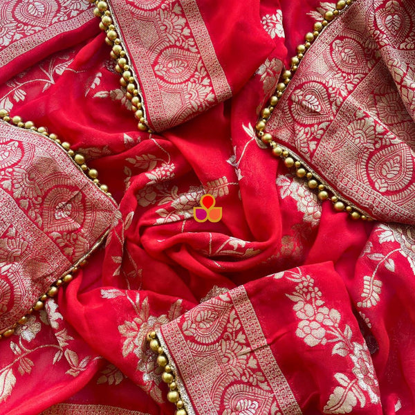 anokherang Dupattas Bridal Red Elegant Beaded Georgette Banarsi Dupatta