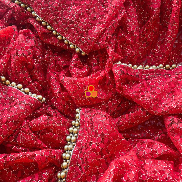 anokherang Dupattas Bridal Red Gold Embroidered Net Trail Dupatta