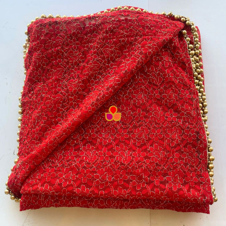 anokherang Dupattas Bridal Red Gold Embroidered Net Trail Dupatta