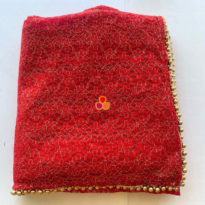 anokherang Dupattas Bridal Red Gold Embroidered Net Trail Dupatta