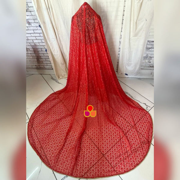 anokherang Dupattas Bridal Red Gold Embroidered Net Trail Dupatta