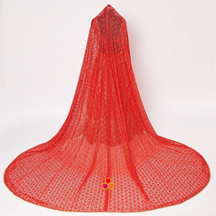 anokherang Dupattas Bridal Red Gold Embroidered Net Trail Dupatta