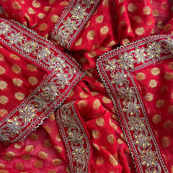 anokherang Dupattas Bridal Red Gold Kundan Banarasi Georgette Dupatta