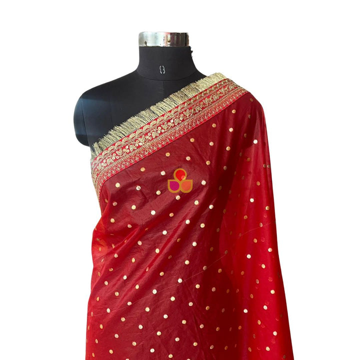 anokherang Dupattas Bridal Red Love Zari Embroidered Fringed Organza Dupatta
