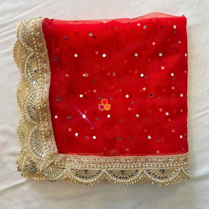 anokherang Dupattas Bridal Red Mirror Scalloped Embroidered Net Dupatta