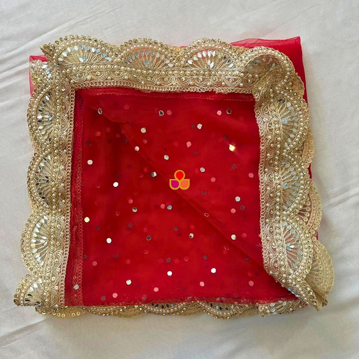 anokherang Dupattas Bridal Red Mirror Scalloped Embroidered Net Dupatta