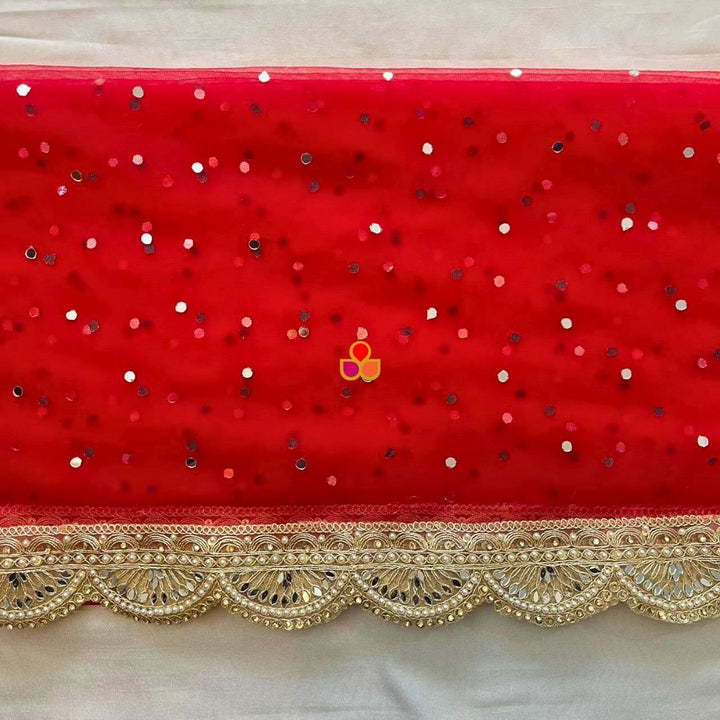 anokherang Dupattas Bridal Red Mirror Scalloped Embroidered Net Dupatta