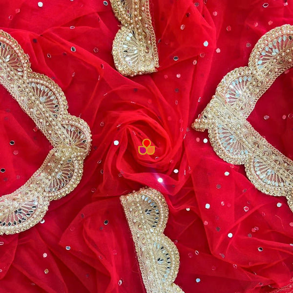 anokherang Dupattas Bridal Red Mirror Scalloped Embroidered Net Dupatta