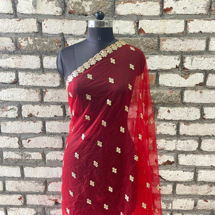 anokherang Dupattas Bridal Red Net Mirror Scalloped Net Dupatta