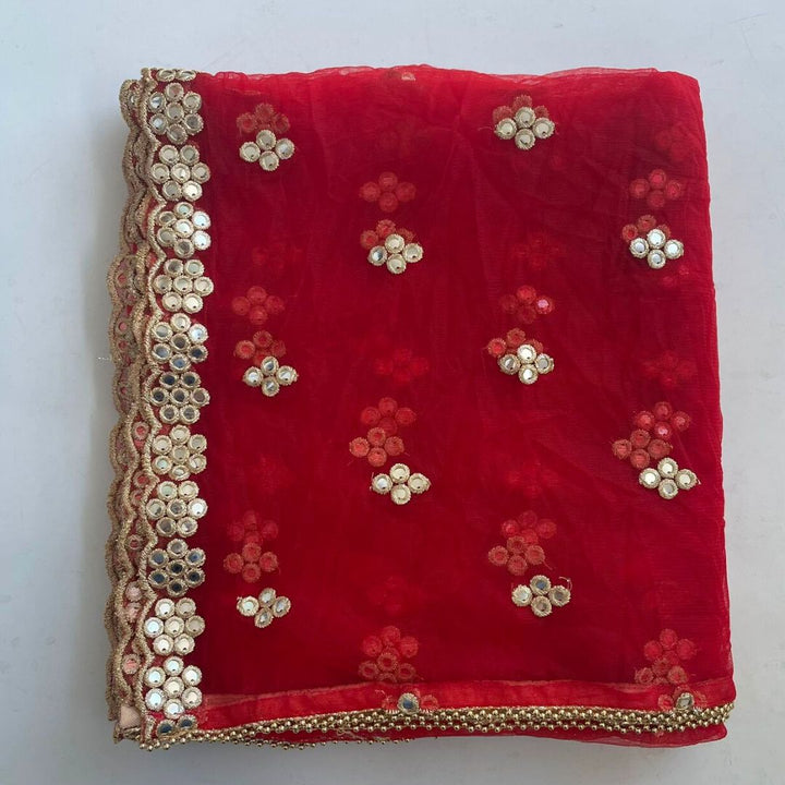 anokherang Dupattas Bridal Red Net Mirror Scalloped Net Dupatta