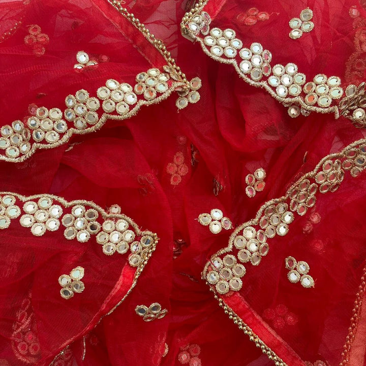 anokherang Dupattas Bridal Red Net Mirror Scalloped Net Dupatta