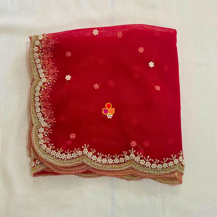 anokherang Dupattas Bridal Red Pearl Hand Embroidered Scalloped Net Dupatta